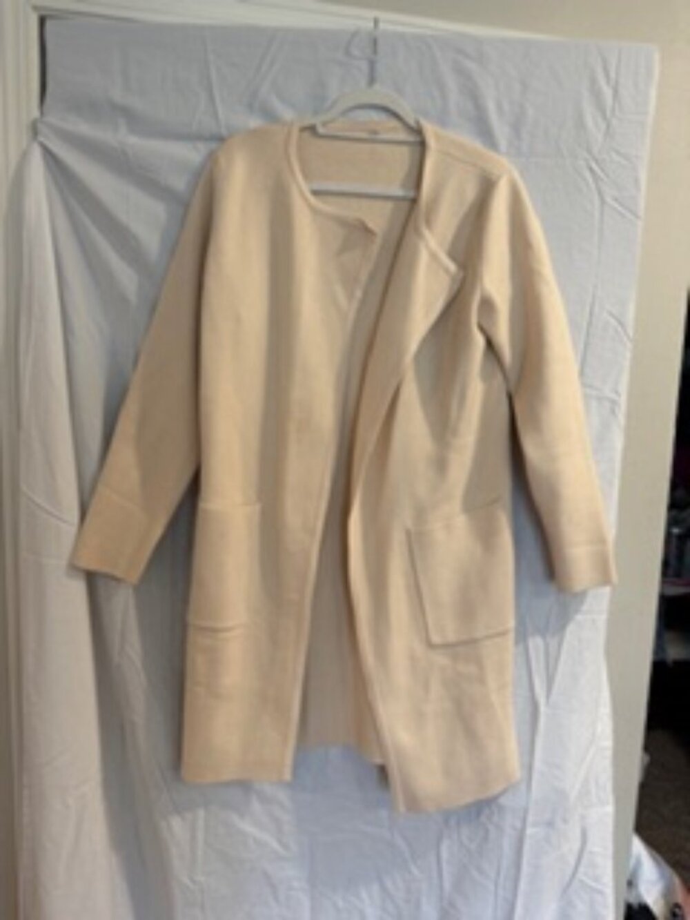 Beige Long Cardigan Duster Open Front Knit Sweater Pockets Size L